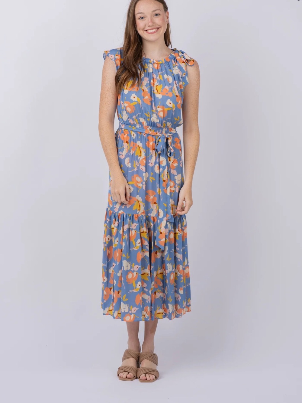 Shoshanna Peony Dress Slate Blue Multi Maxi Floral side shoulder tie belt Sz 10 - Picture 12 of 15